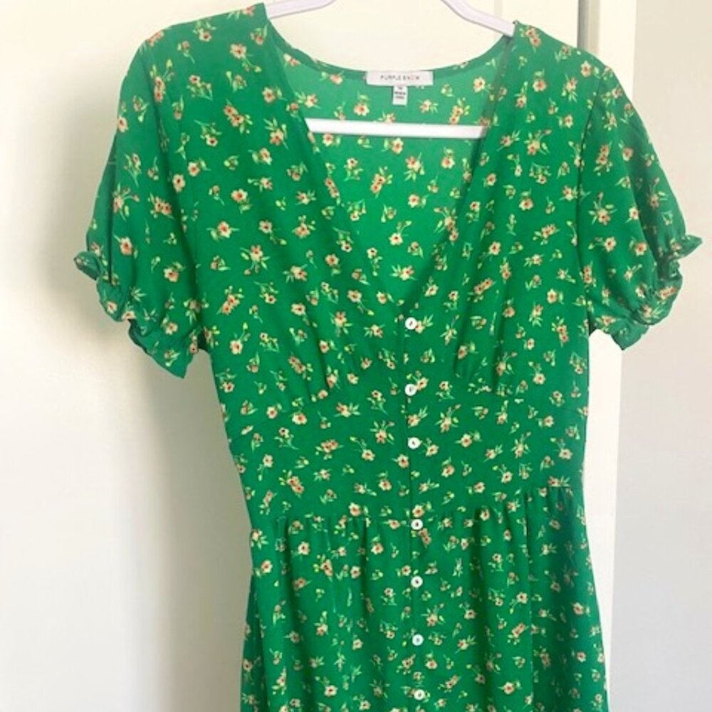 Green, cream floral short dress - Purple Snow